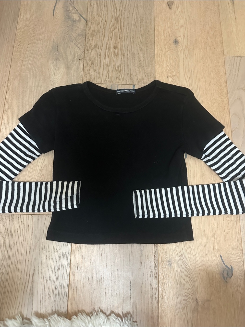 Brandy Melville Black Top with Black & White Striped Sleeves